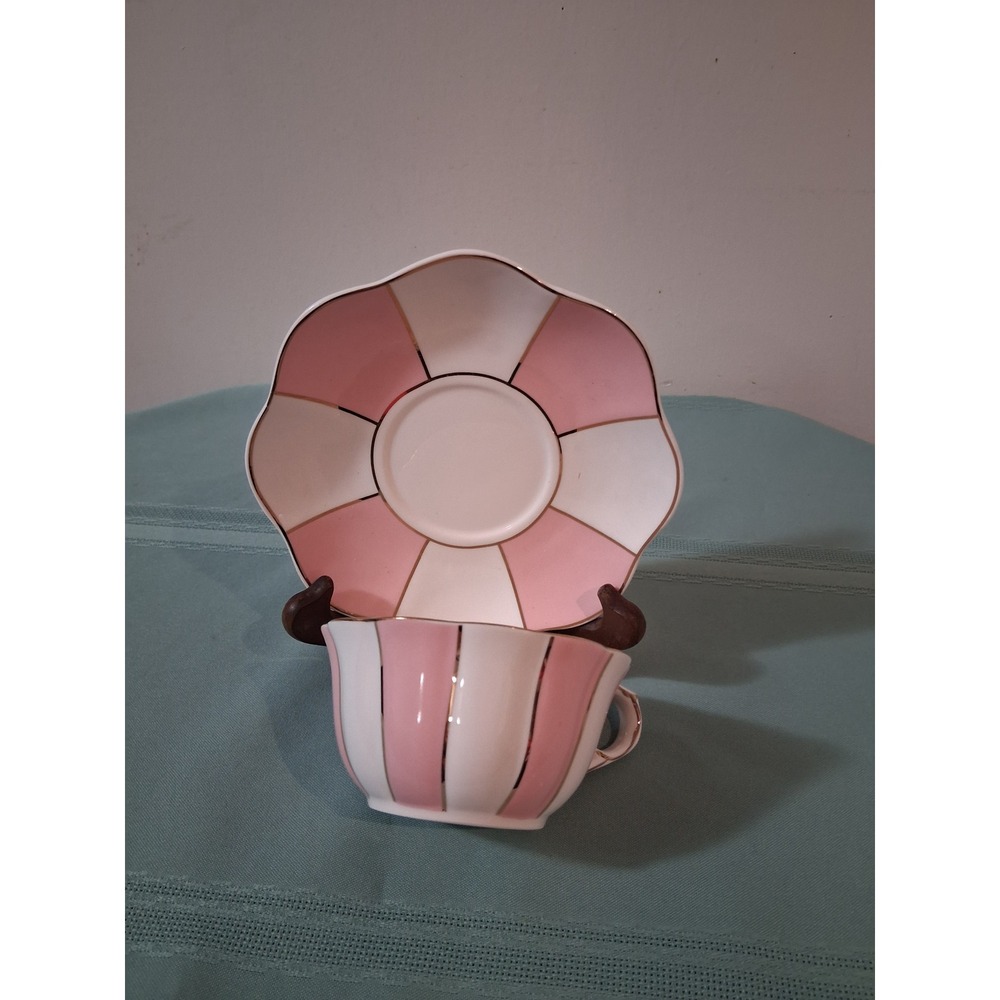 Cynthia Rowley Pink White Striped Scalloped Teacup and Saucer Set Gold Trim